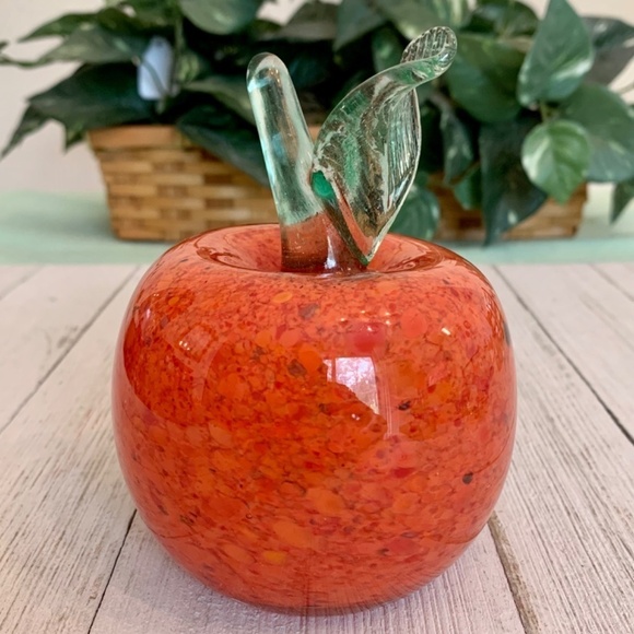 Orange Art Glass Weighted Apple Paperweight With Clear Green Stem Leaf 4 1/2” T - Picture 4 of 15